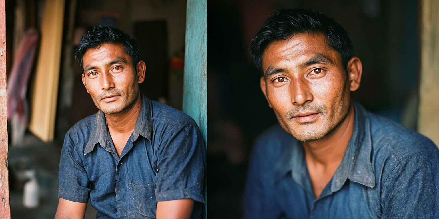 A Nepalese Man in Dirty Blue Shirt: Photo Split