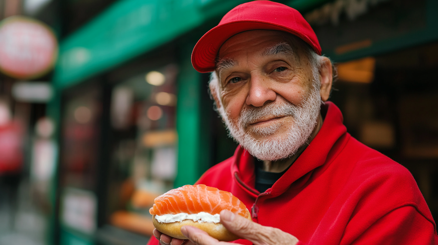 A New Yorker with red clothes holds special sushi bagel.