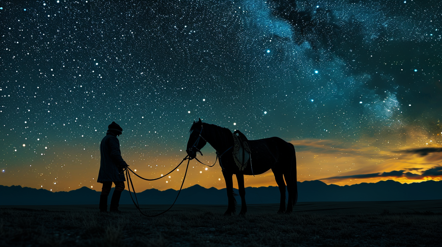 A Nomad Man and Horse in Starry Sky