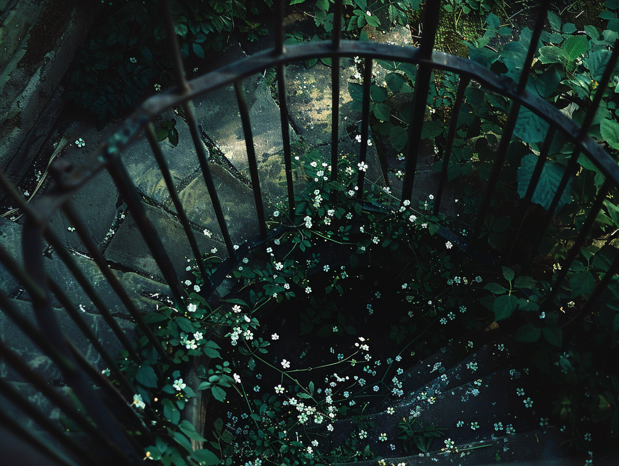 A Nostalgic Spiral Staircase Under Summer Foliage