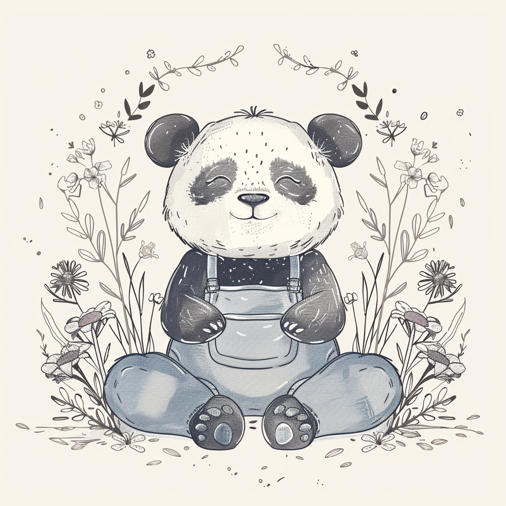 A Panda in Blue Overalls Surrounded by Flowers