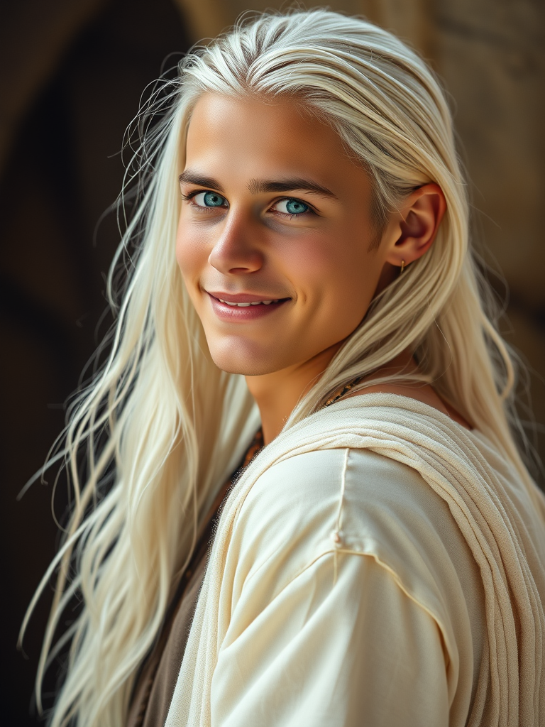 A Peaceful, Platinum-Blonde Man Glowing in White Tunics