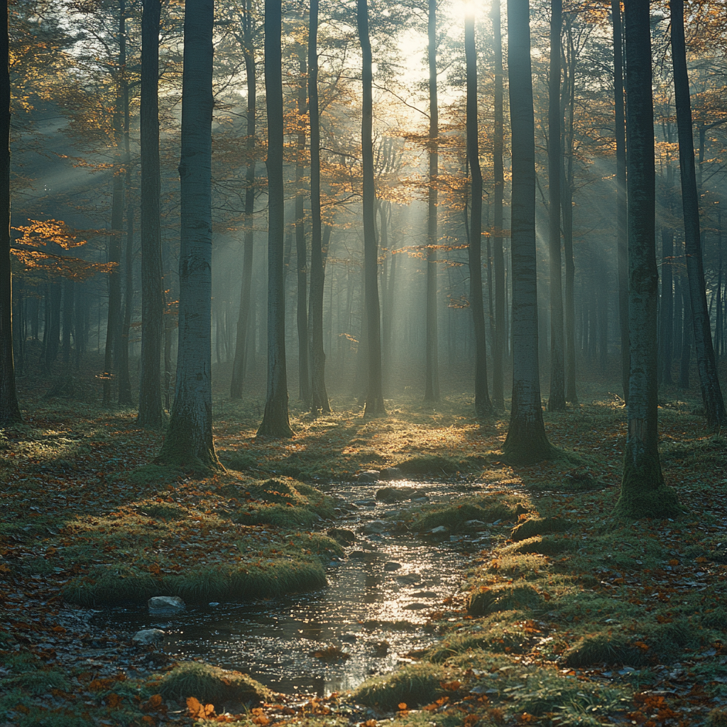 A Peaceful Forest in Morning Sunlight