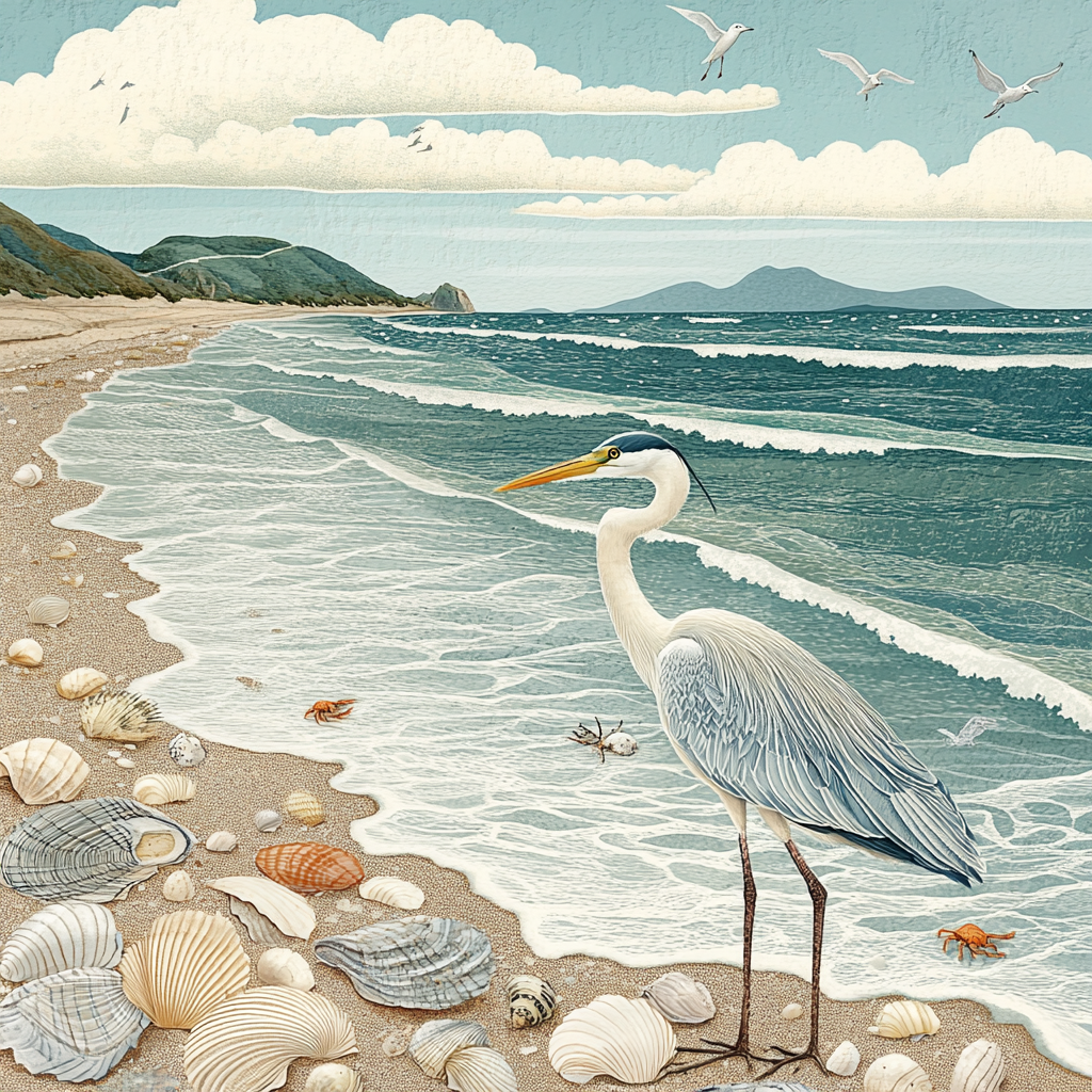 A Peaceful French Coast with Seashells and Birds