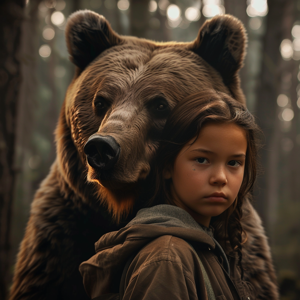 A Peaceful Girl with Gentle Bear in Forest