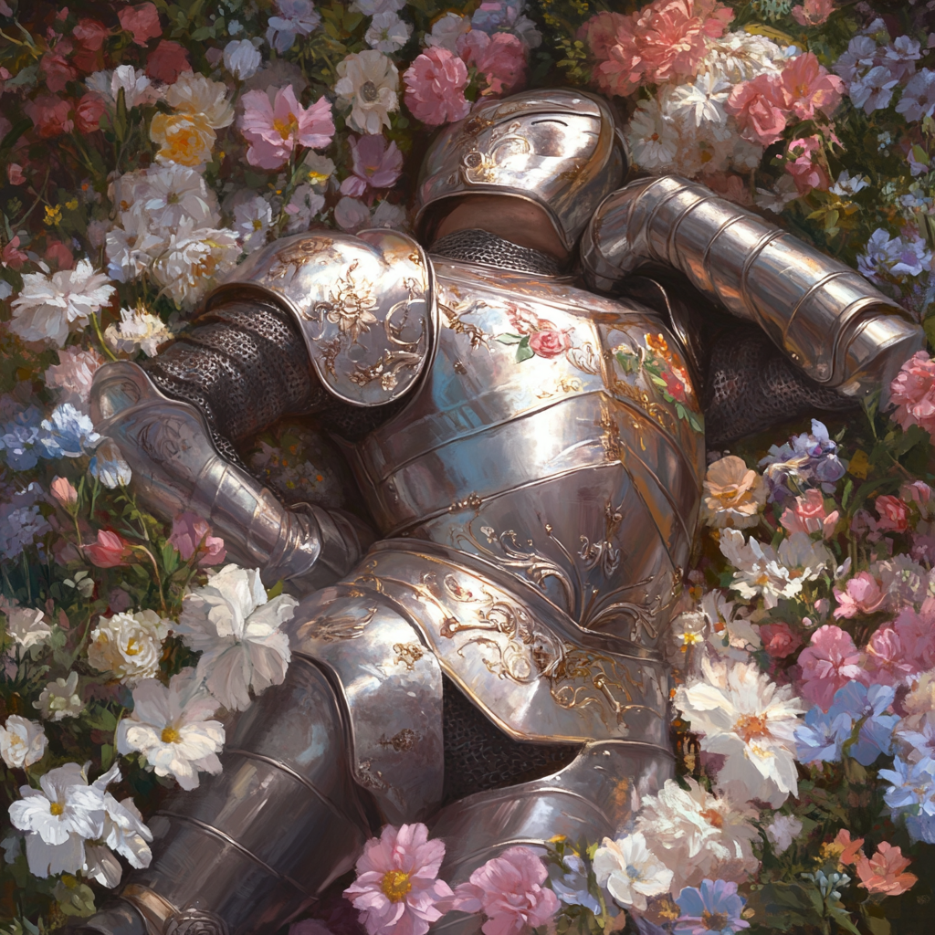 A Peaceful Knight Resting Among Colorful Flowers