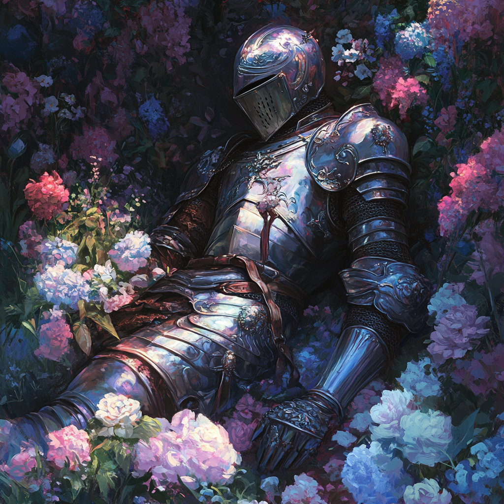 A Peaceful Knight Resting Among Pastel Flowers