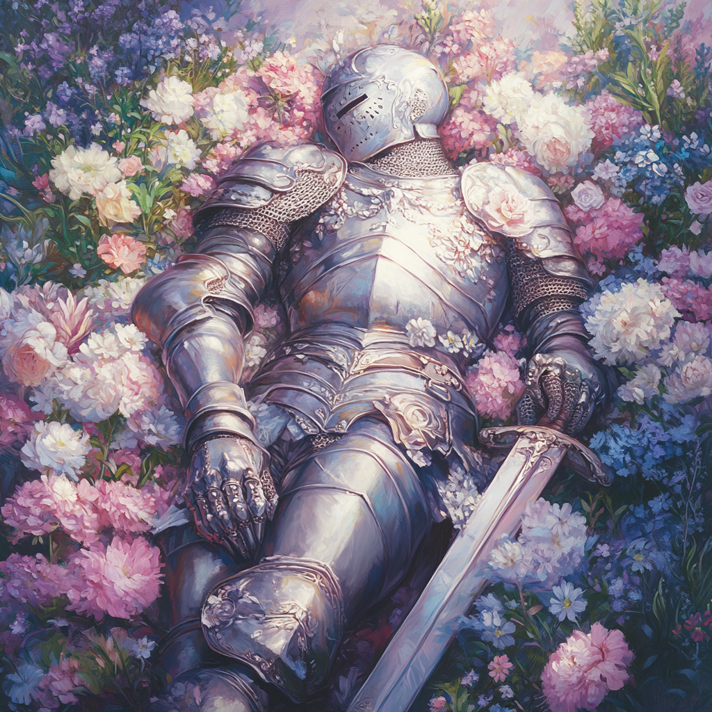 A Peaceful Knight Resting Among Vibrant Flowers