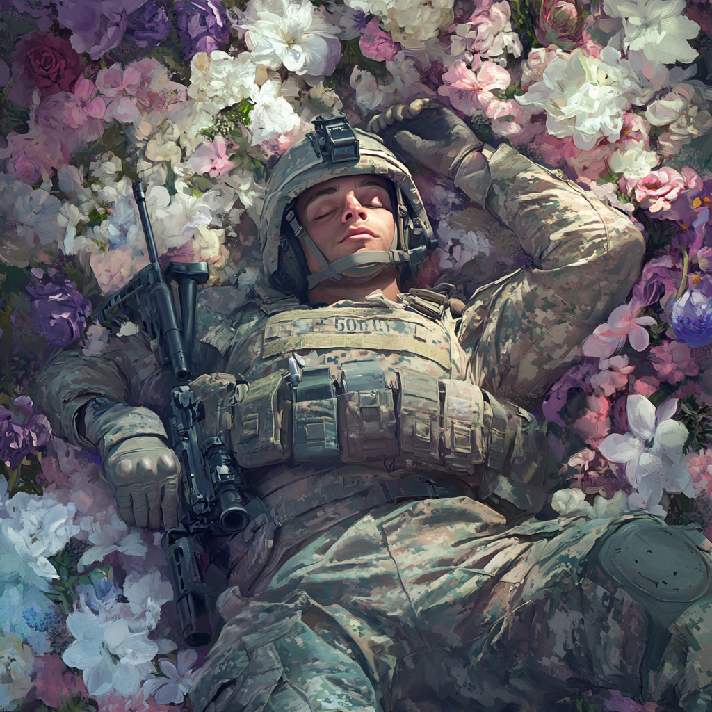 A Peaceful Soldier Resting Surrounded by Blooming Flowers