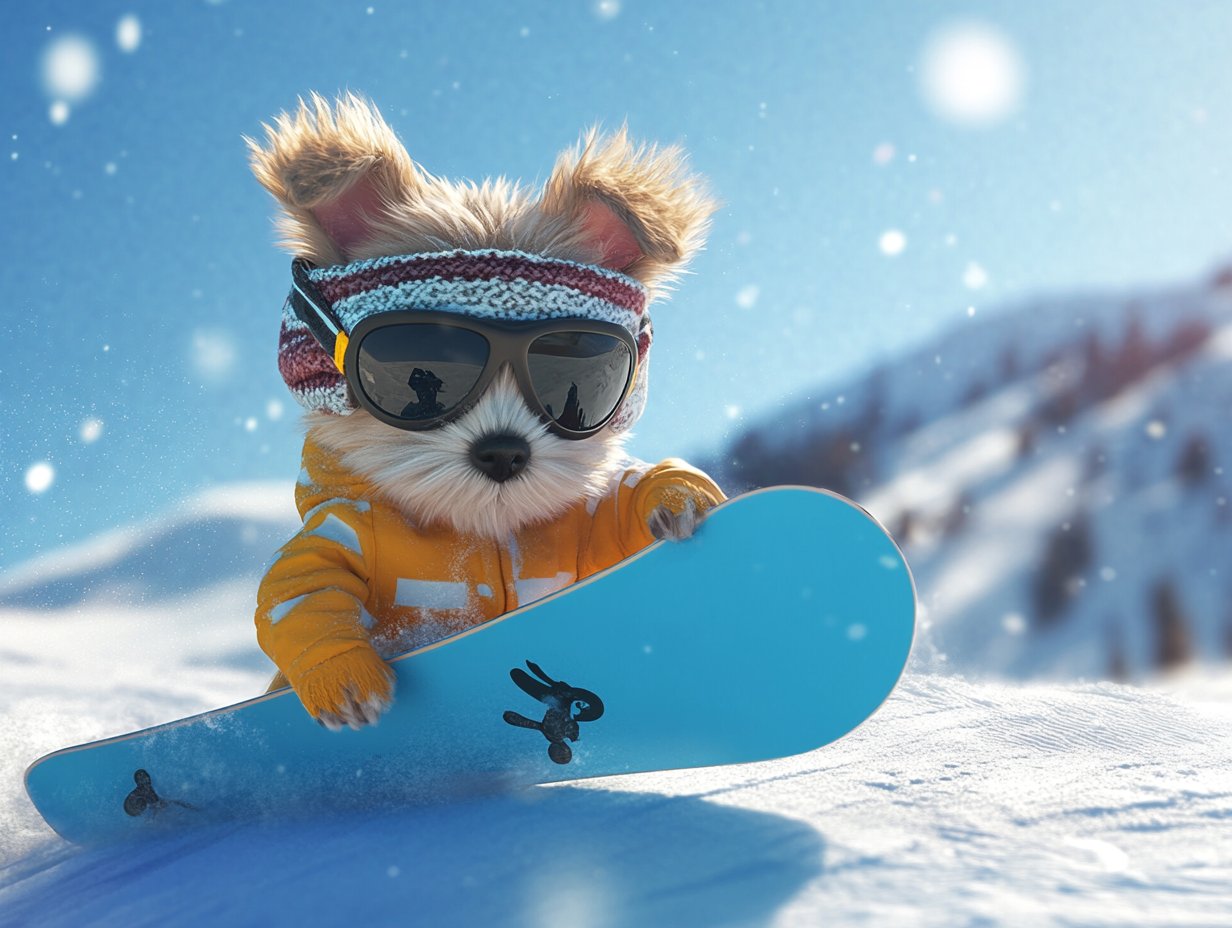 A Pekinesen puppy snowboarding on a sunny day.