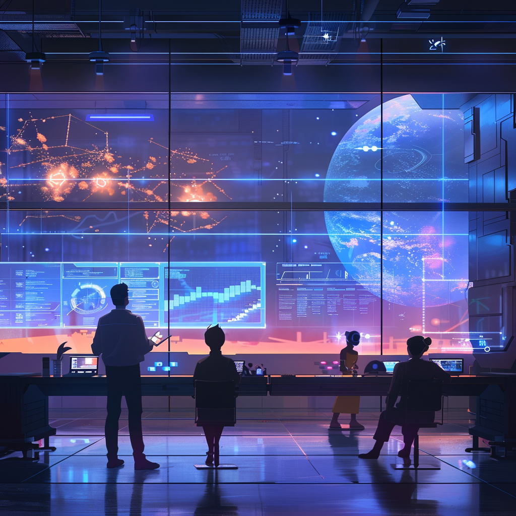 A Person Leading Study Group in Futuristic Environment