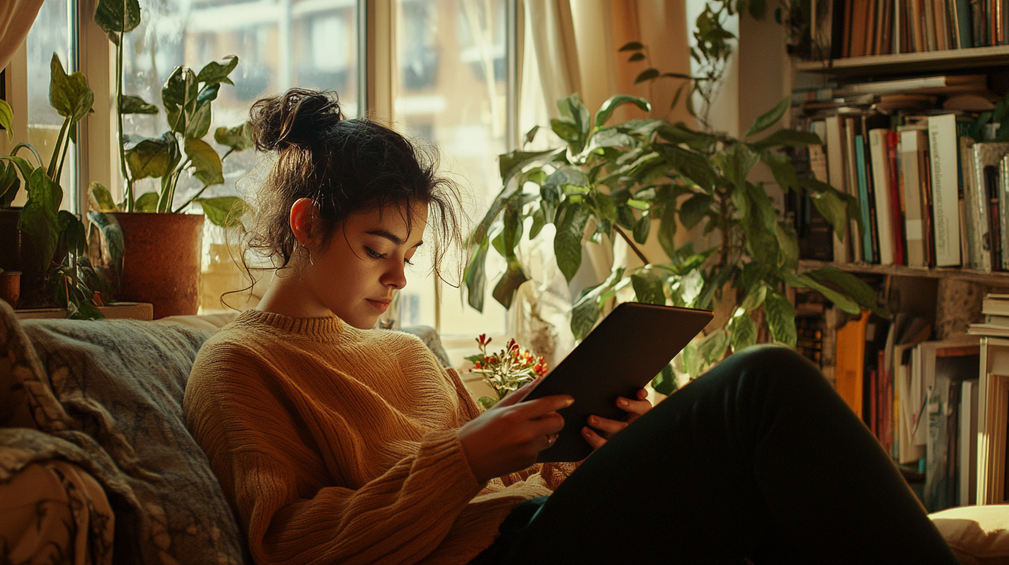 A Person Reading on Tablet in Cozy Room