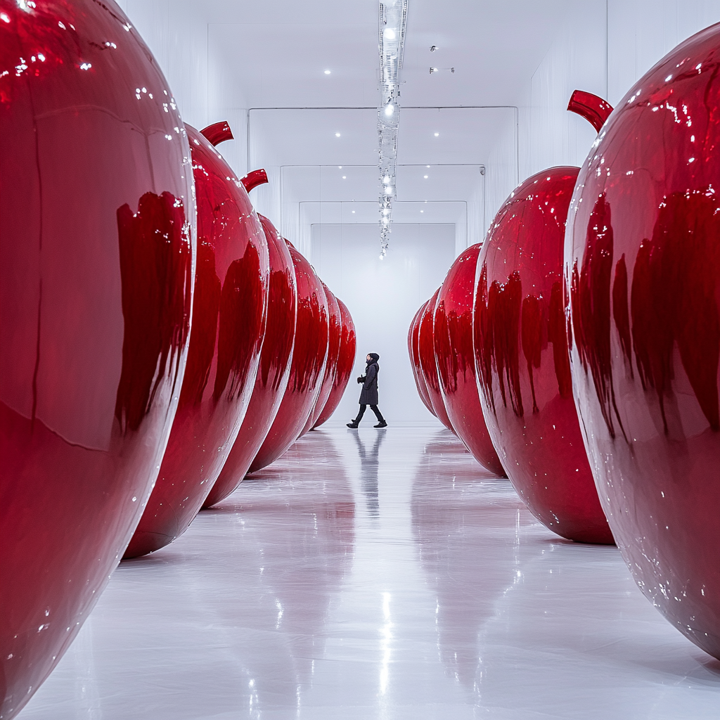 A Person Walking Through Shiny Apple Walls