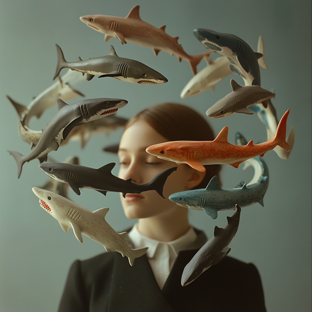 A Person in Uniform Surrounded by Toy Sharks