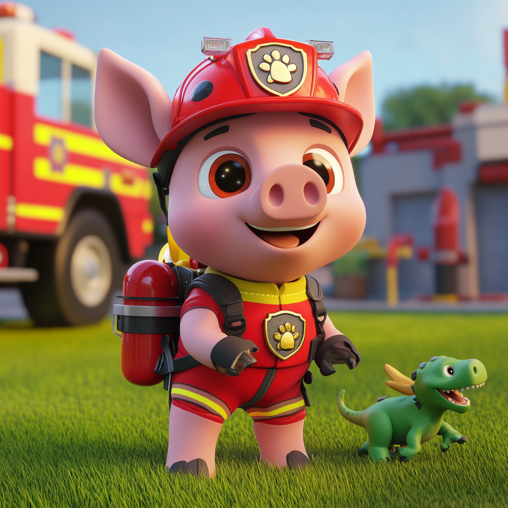 A Pig Firefighter Ready for Rescue Adventure