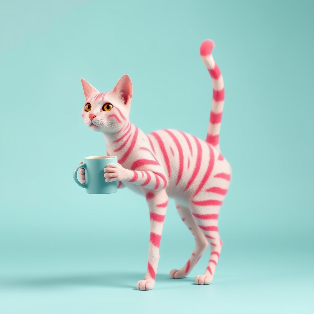 A Pink Cat Standing with Coffee Mug