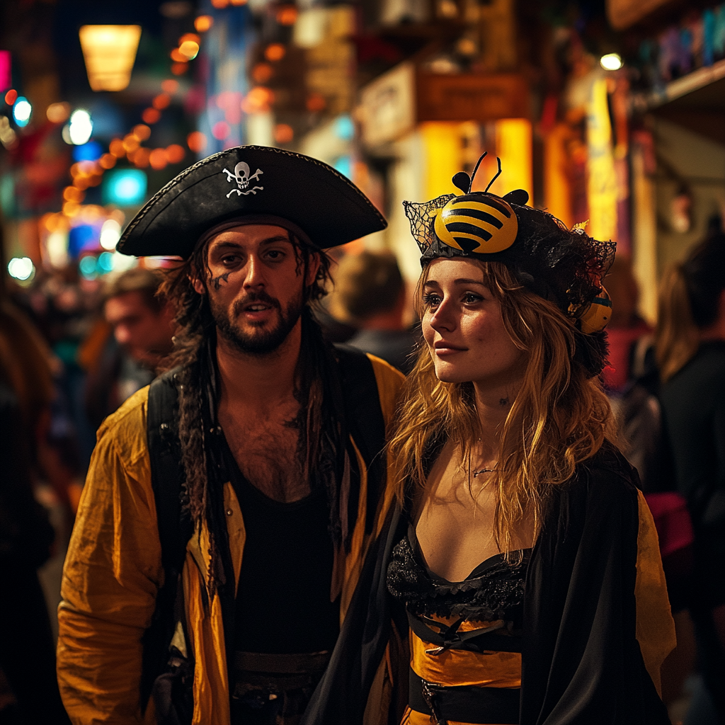 A Pirate and Bee stumble among Halloween crowd