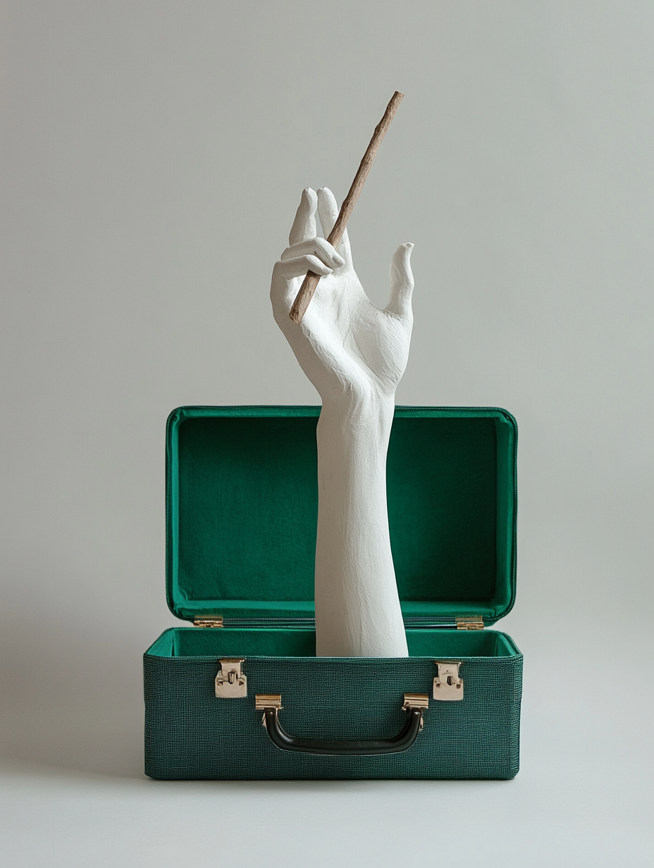 A Plaster Hand Climbing Out of Emerald Suitcase