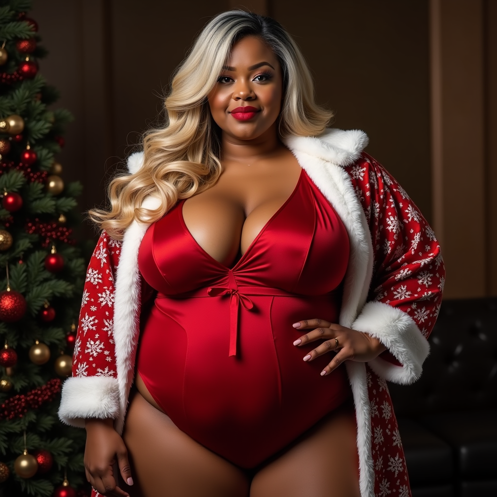 A Plus-Size Woman in Christmas-themed Lingerie