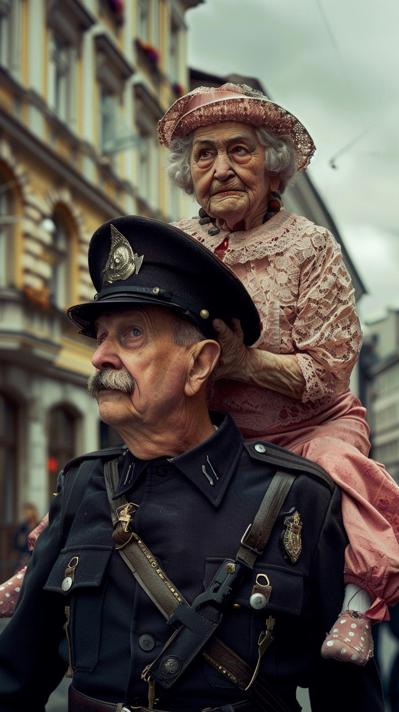 A Policeman Carrying Grandma Through Streets, Smiling.