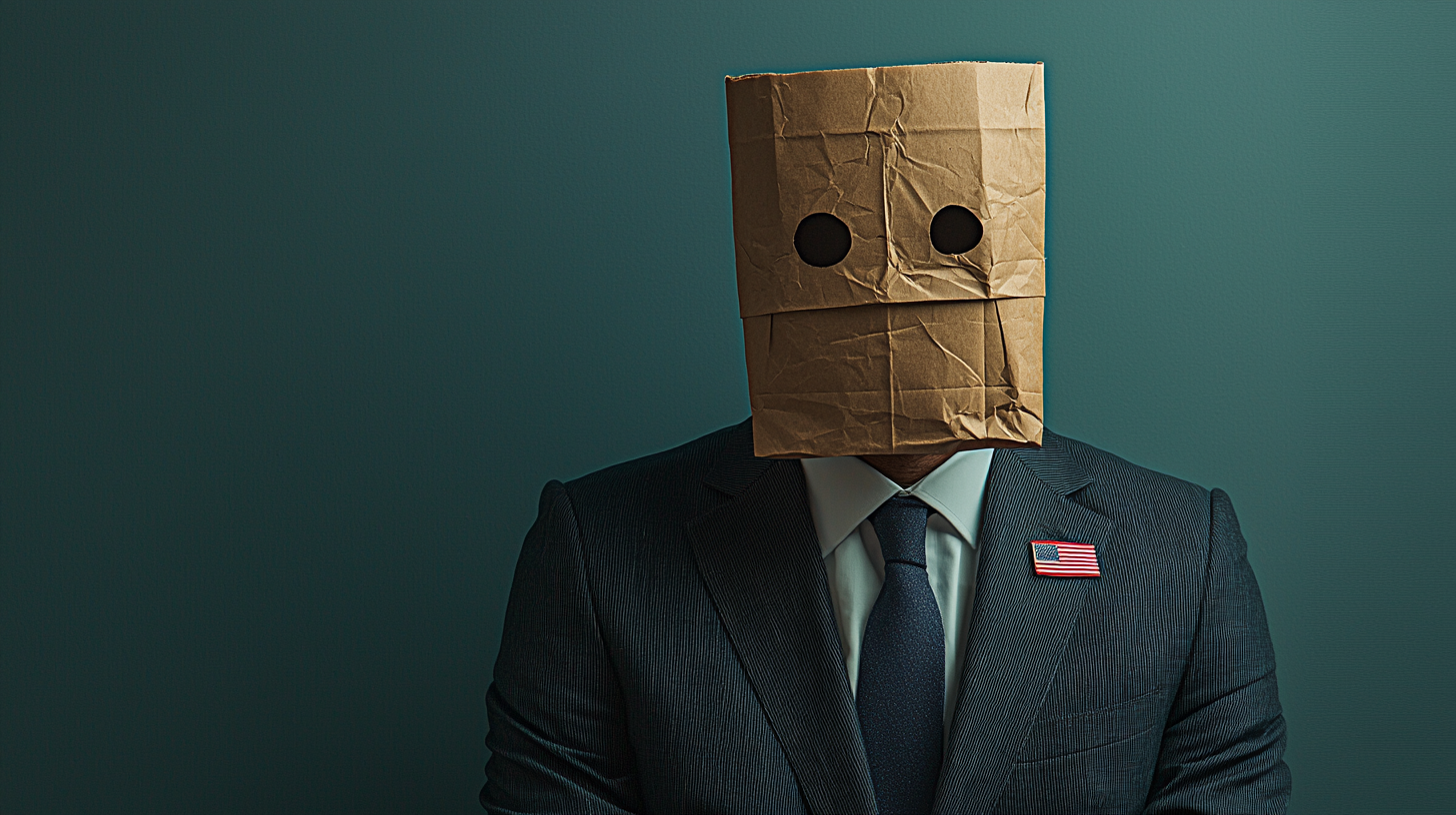 A Politician Wearing a Fancy Suit With a Paper Bag Mask