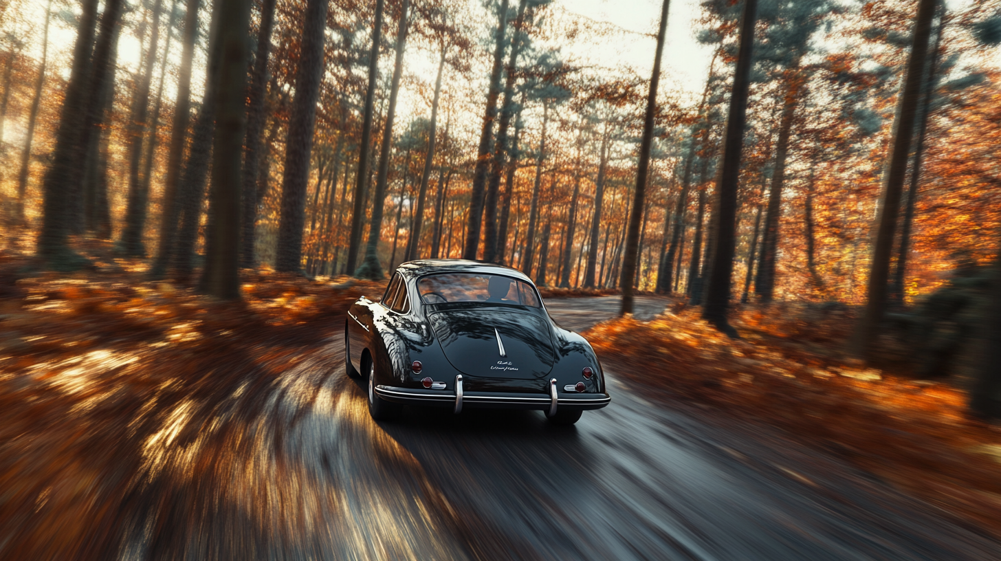 A Porsche 356 Speeding Through a Spring Forest