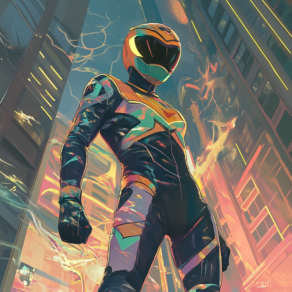 A Power Ranger in a vibrant anime world.