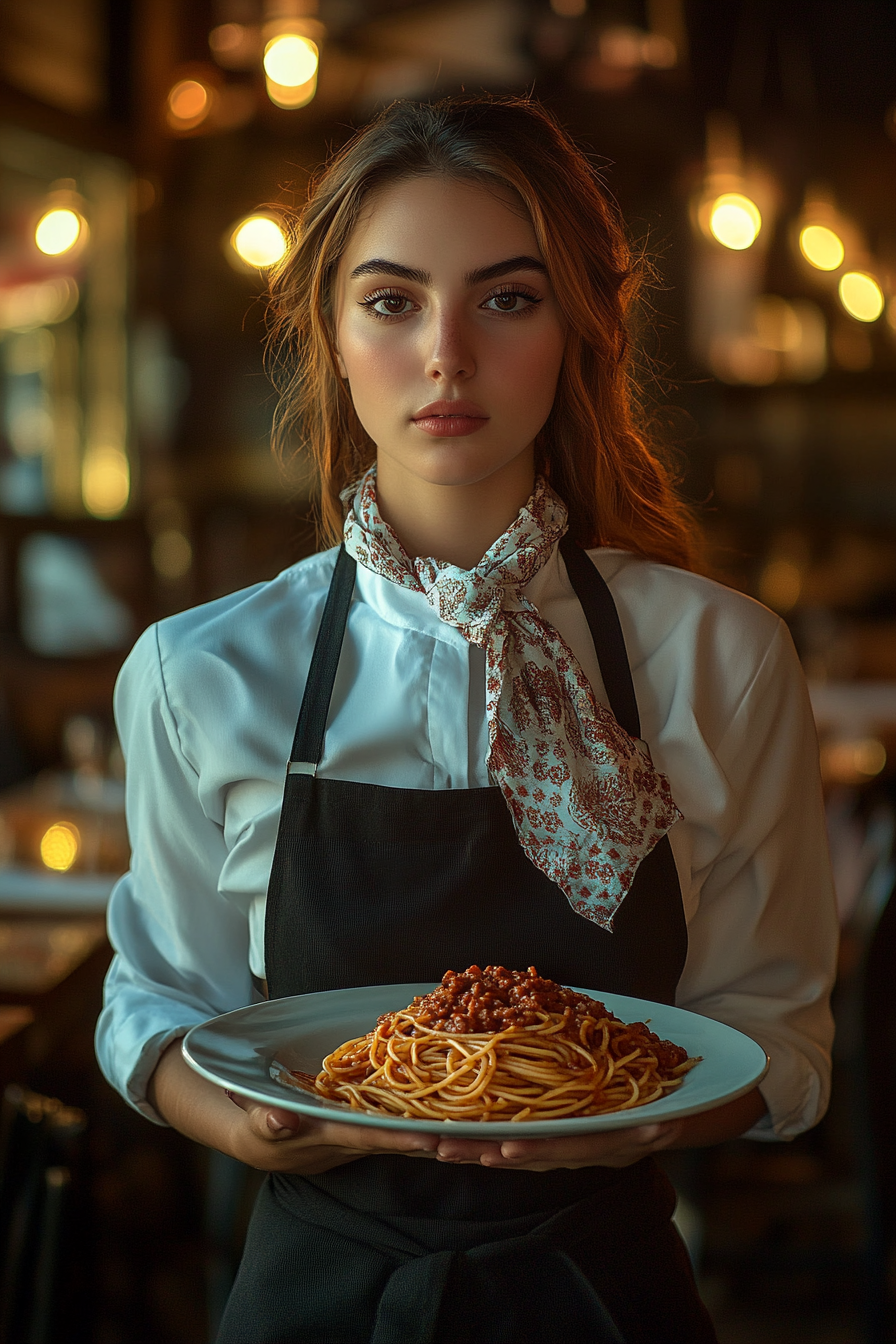 A Pretty Italian Waitress in Restaurant Holding Spaghetti.