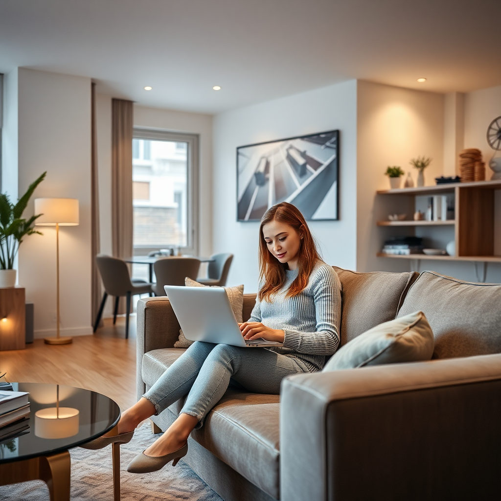 A Pretty Woman Using Laptop in Modern Apartment