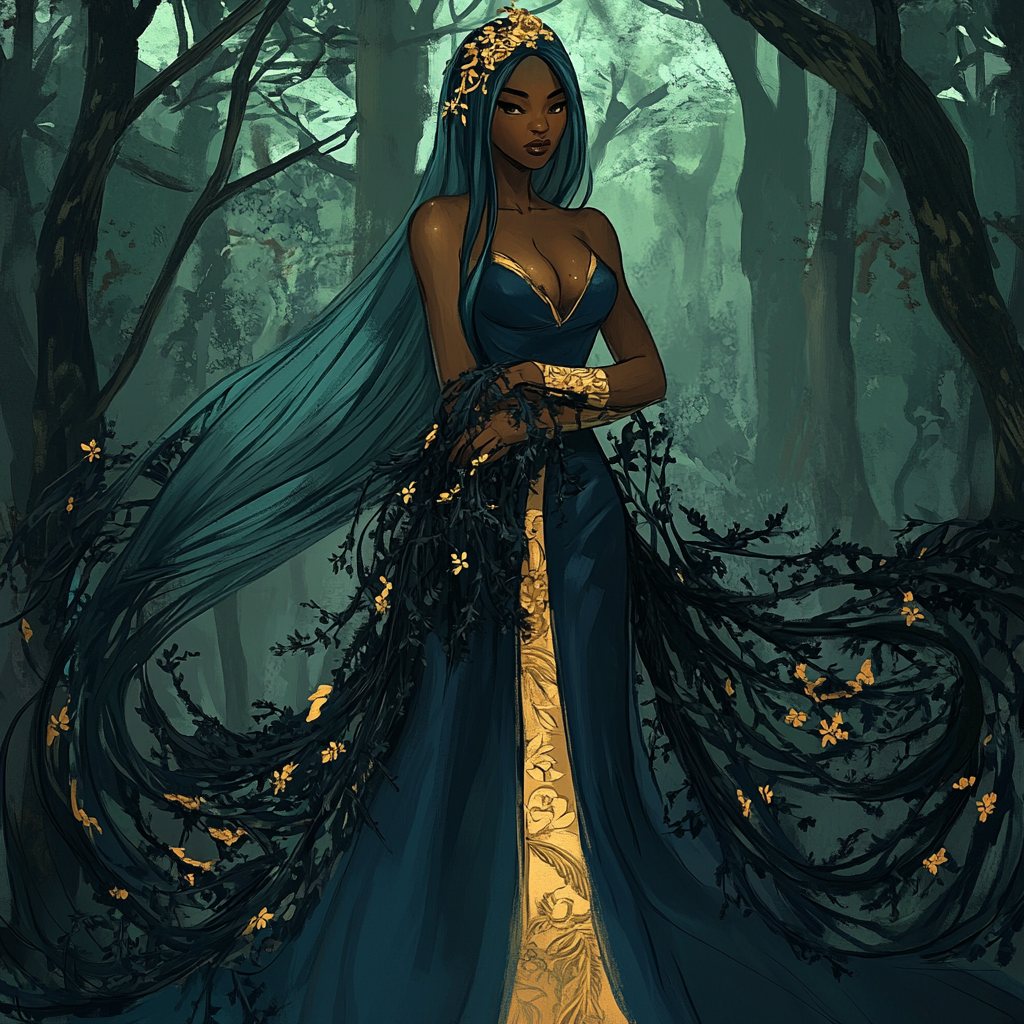 A Princess Entangled in Thorny Vines in Forest