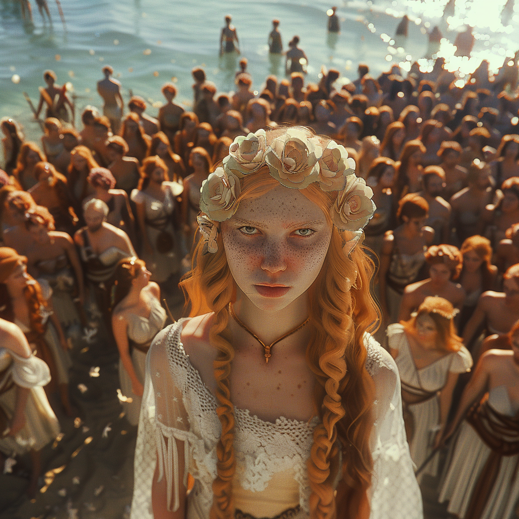 A Princess in White Dress with Crowd on Beach