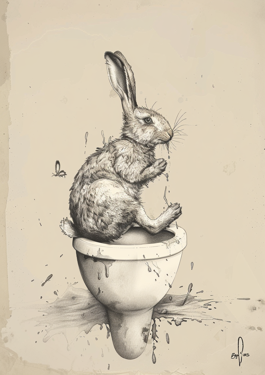 A Rabbit Rushing on Toilet - Cartoonish Illustration