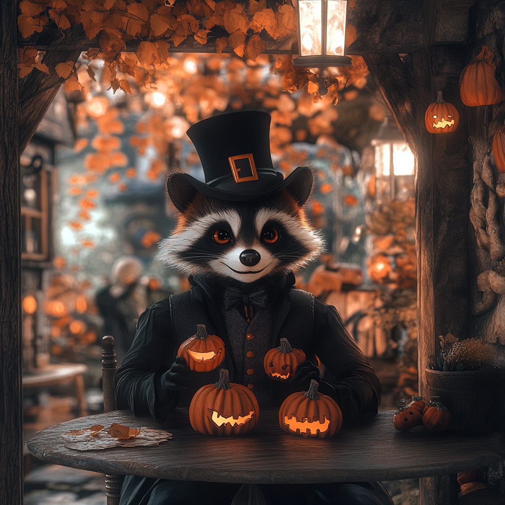 A Raccoon's Fantastical Halloween in a Hobbit House