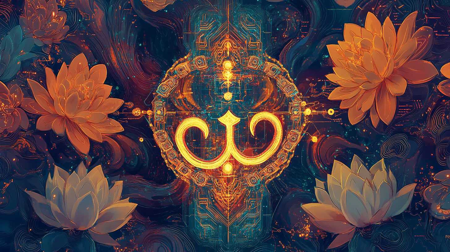 A Radiant Poster of Om Symbol and Lotus Flowers