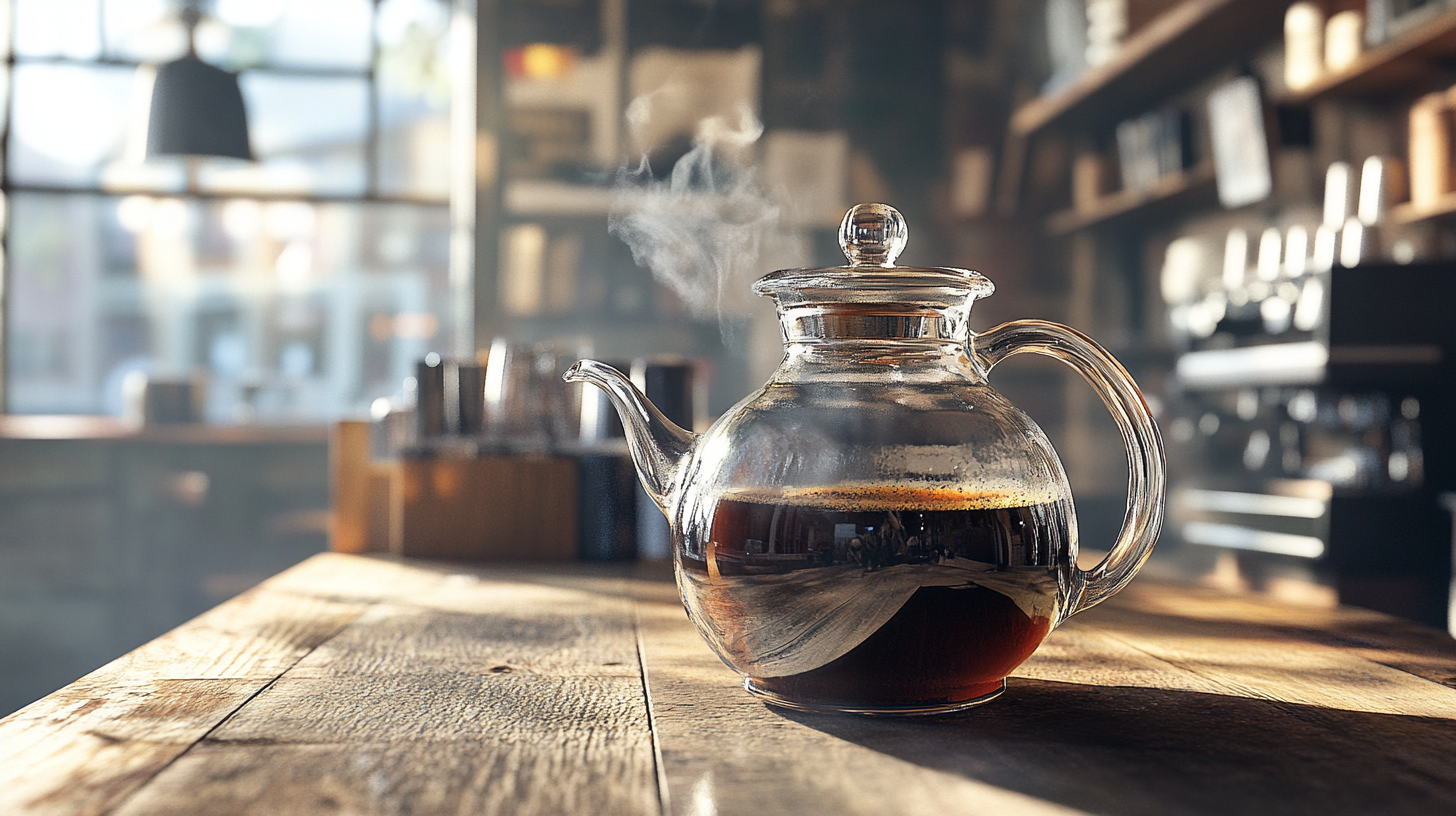 A Realistic Glass Coffee Pot in Rustic Café