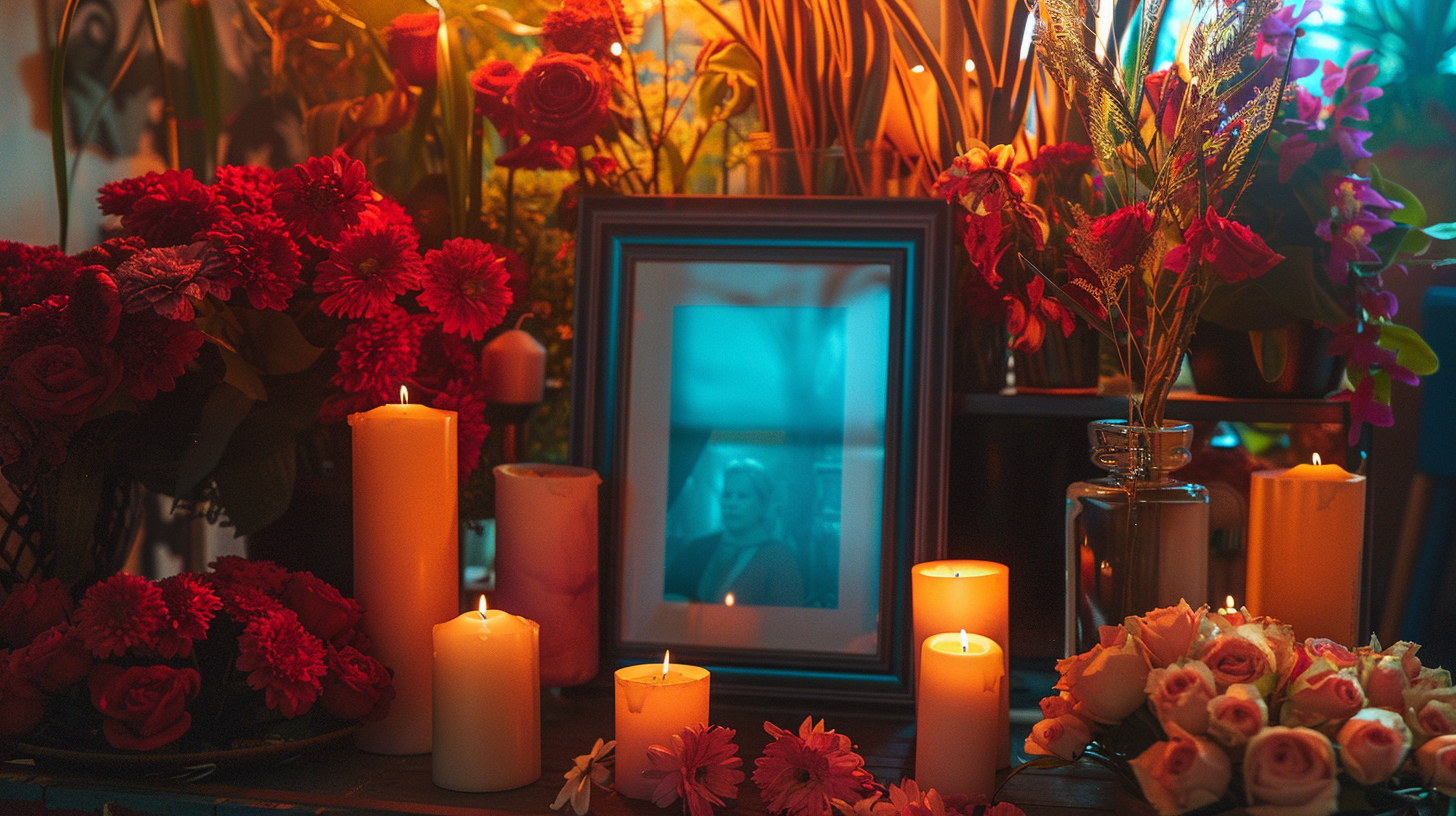 A Realistic Home Altar with Flowers and Candles.