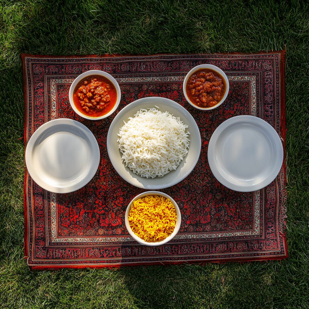 A Realistic Iranian Lunch Table on Green Lawn