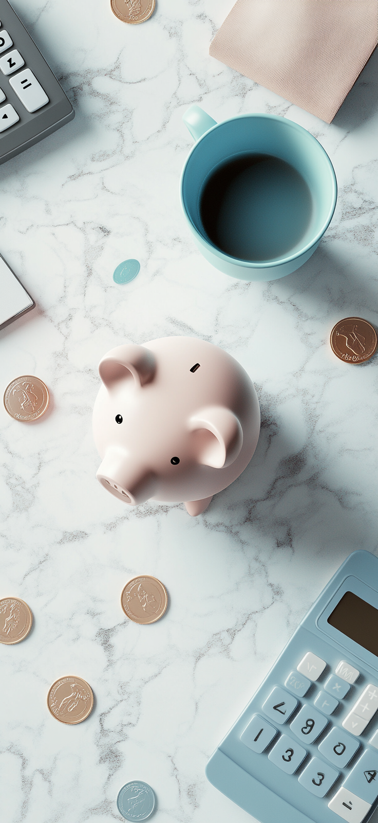 A Realistic Minimalistic Piggy Bank and Calculator Flat Lay