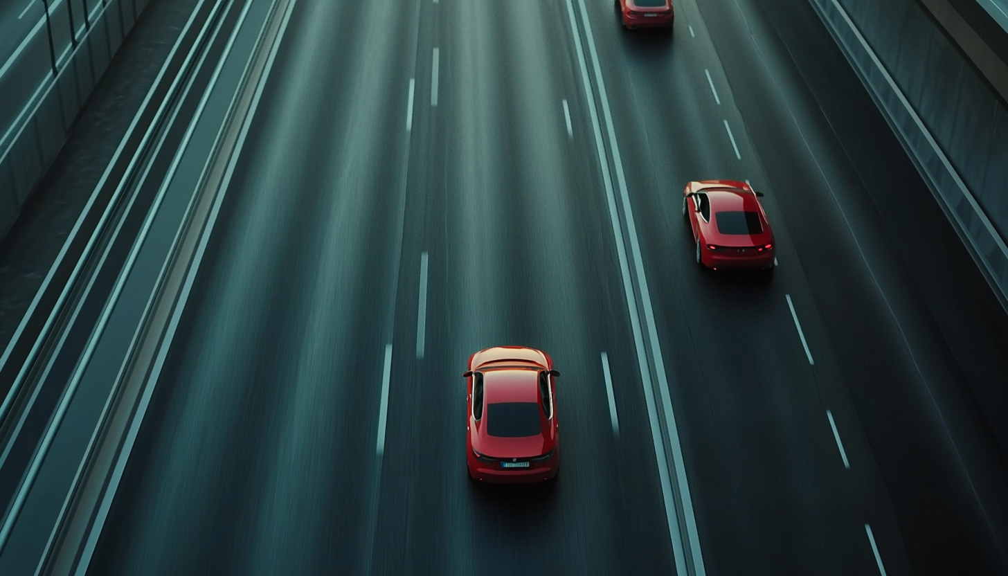 A Red Car Driving on Empty Lane