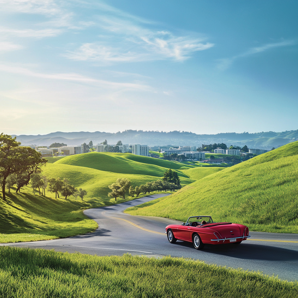 A Red Convertible Driving Through Silicon Valley Hills.