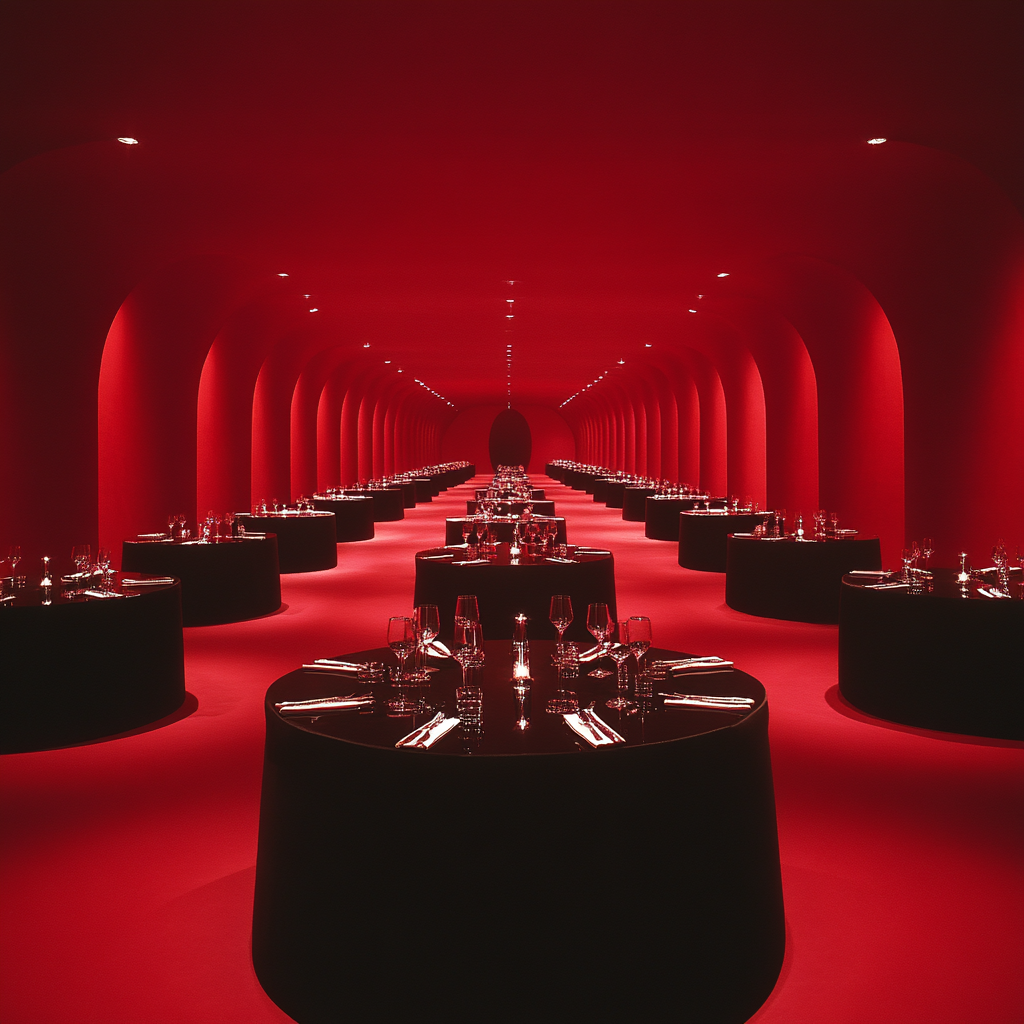 A Red Room with Black Tables and Silverware