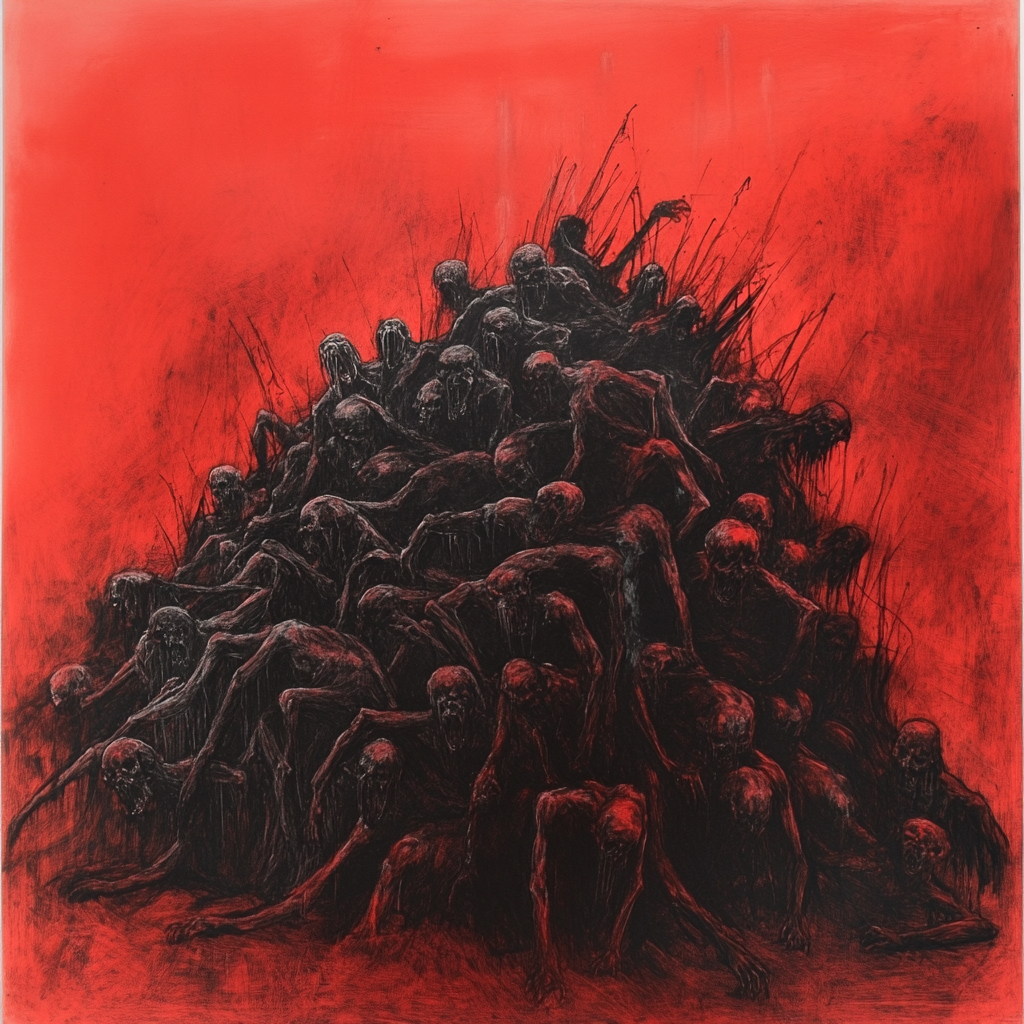 A Red and Black Charcoal Drawing of Endless Meat Pile of Screaming People