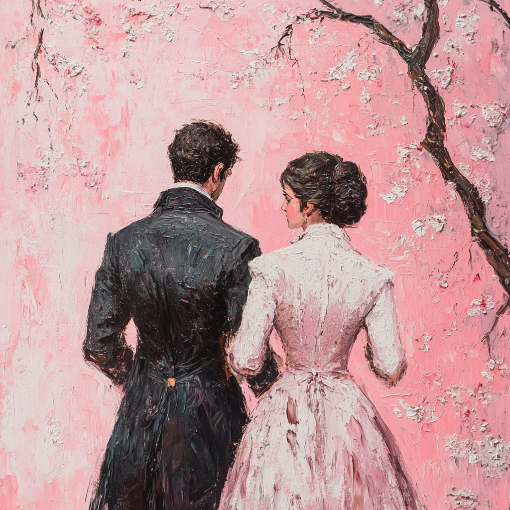 A Regency Couple Walks Among Cherry Blossoms