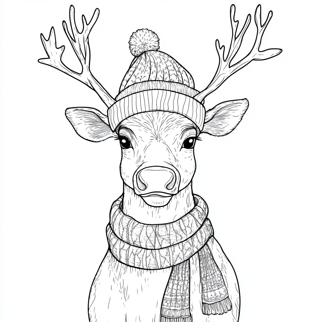 A Reindeer Coloring Page with Hat and Scarf