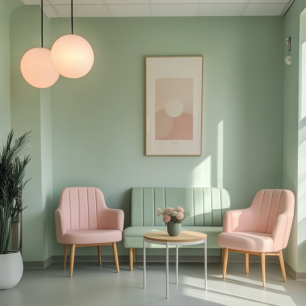 A Relaxing Waiting Room in Light Green and Pink