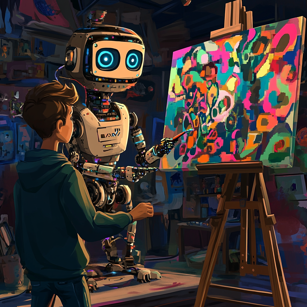 A Robot Working, A Young Man Painting