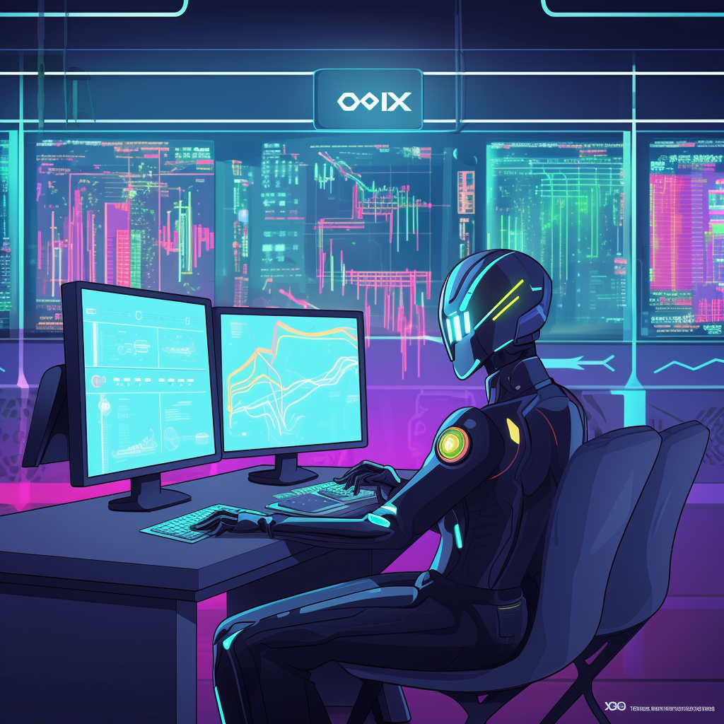 A Robot at Trading Desk with Multiple Screens