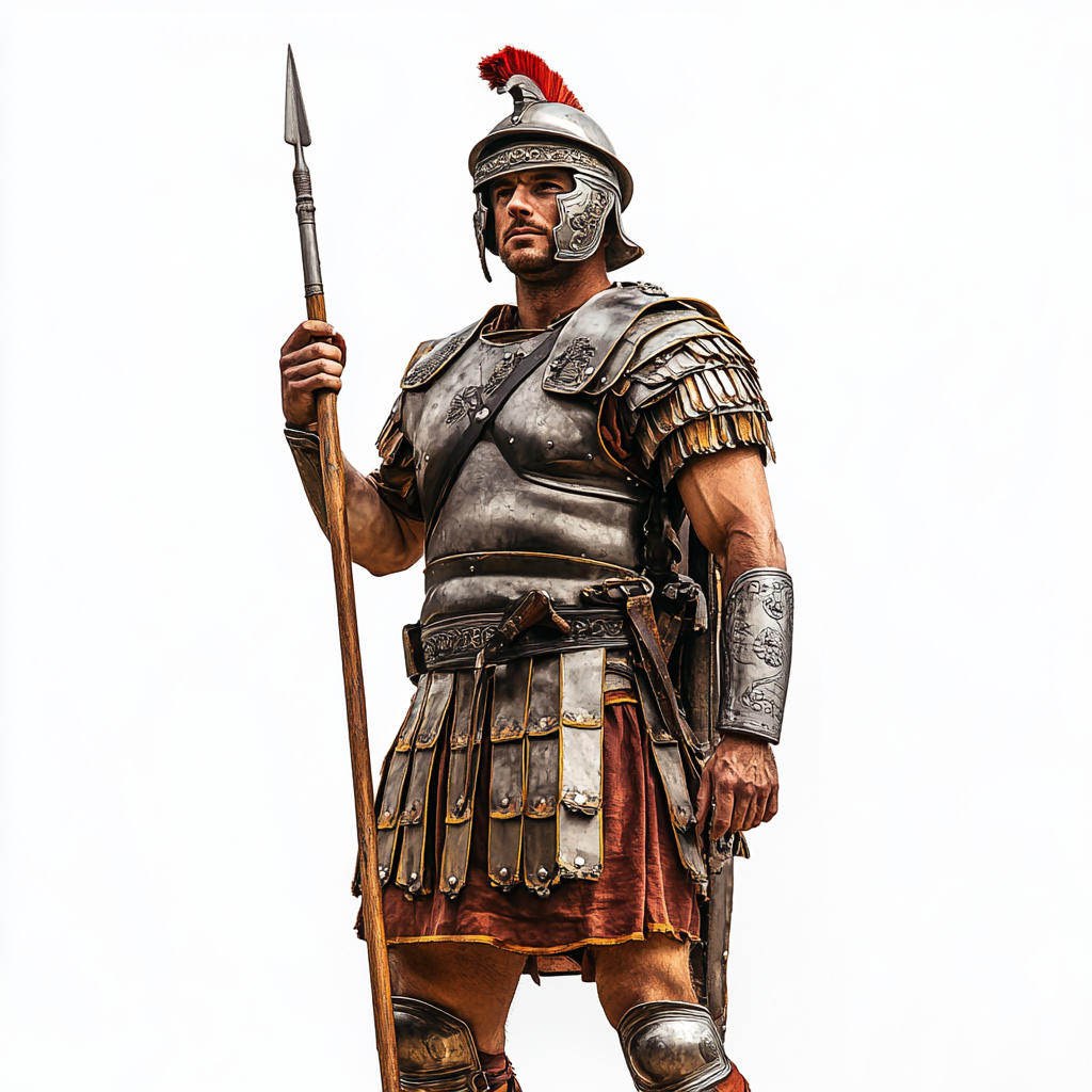 A Roman legionary holding javelin, in armor and helmet.