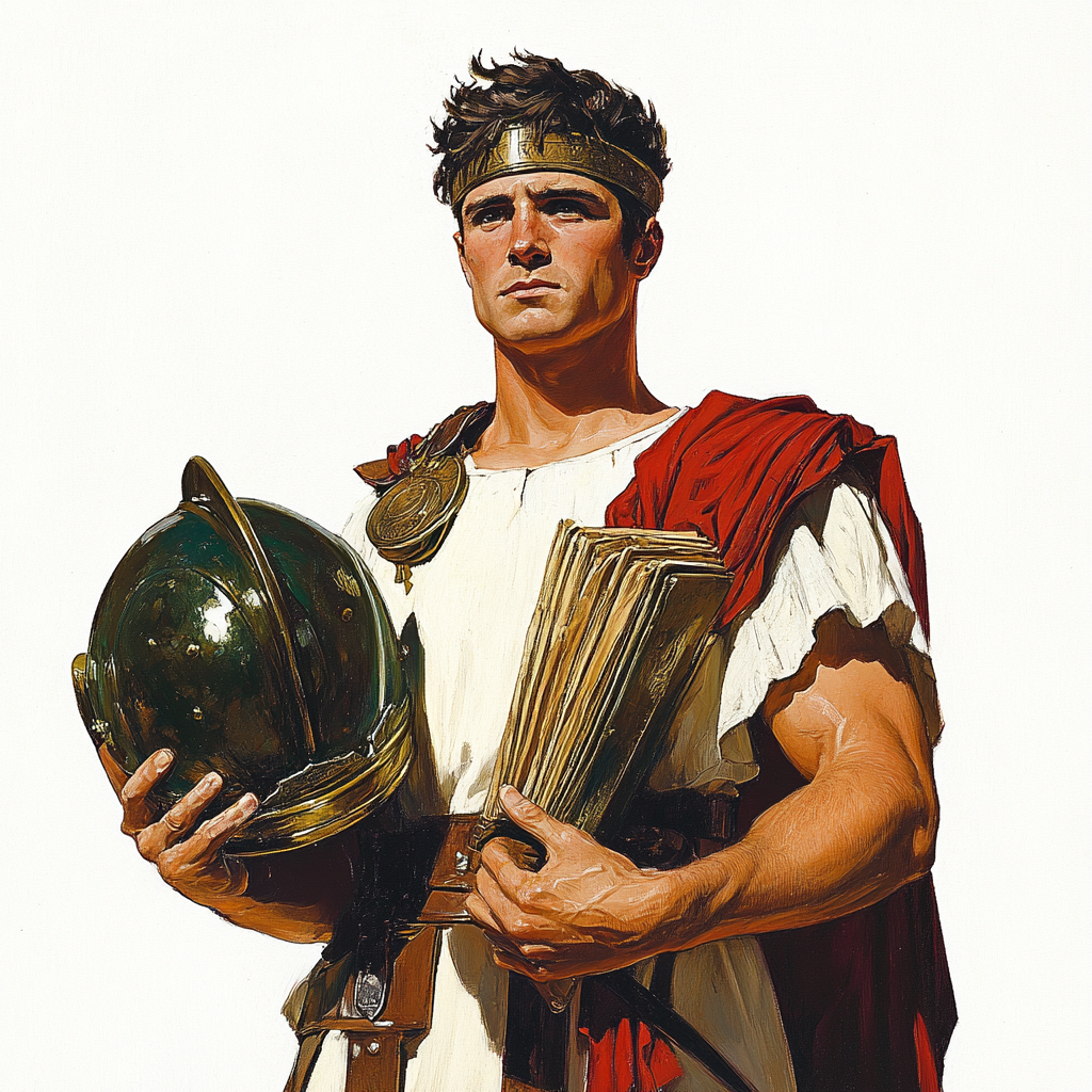 A Roman scholar holds a centurion helmet