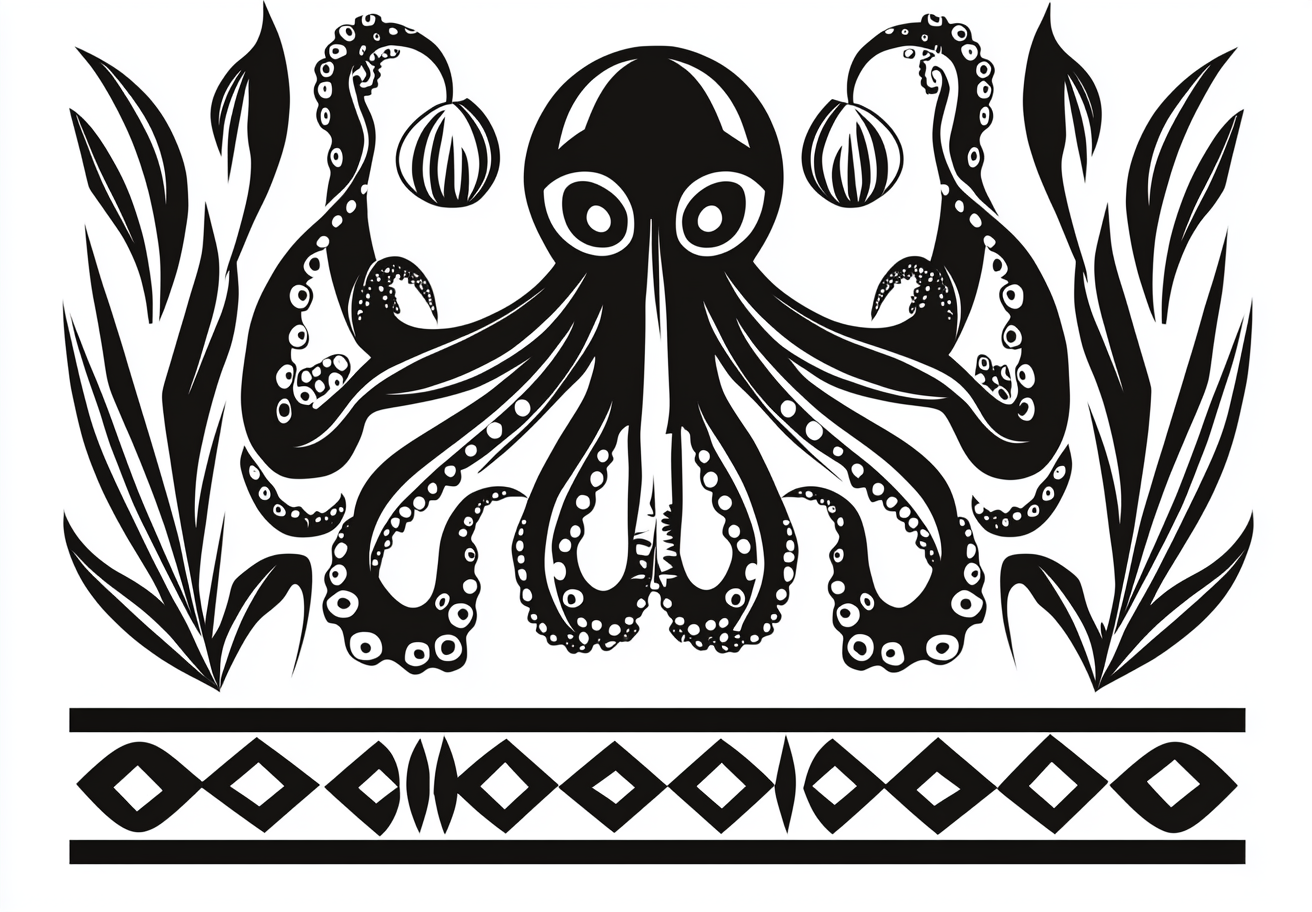 A Roman-style octopus icon with onions on white